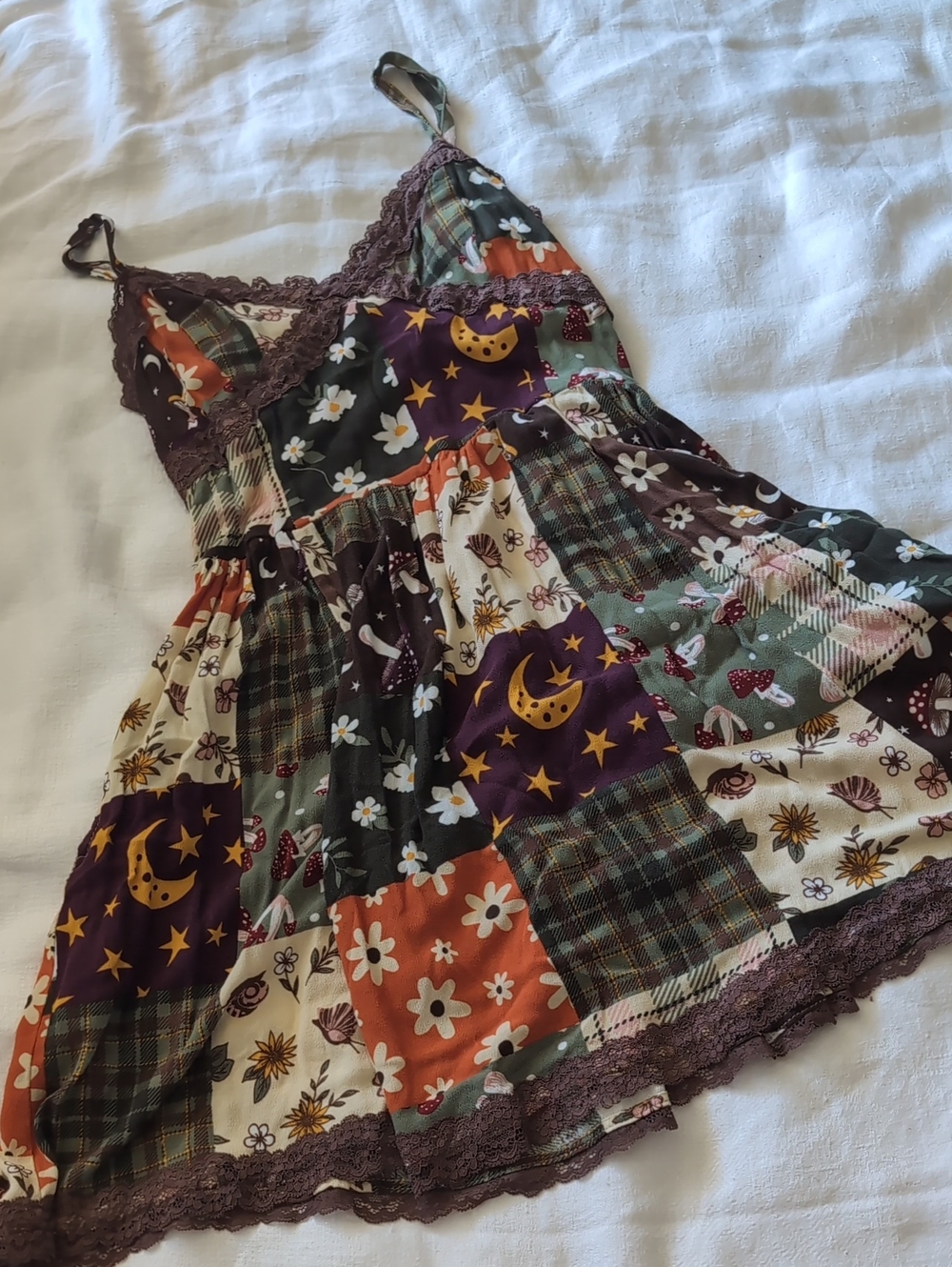Patchwork Floral & Moonprint Mini Dress in Plum Multi